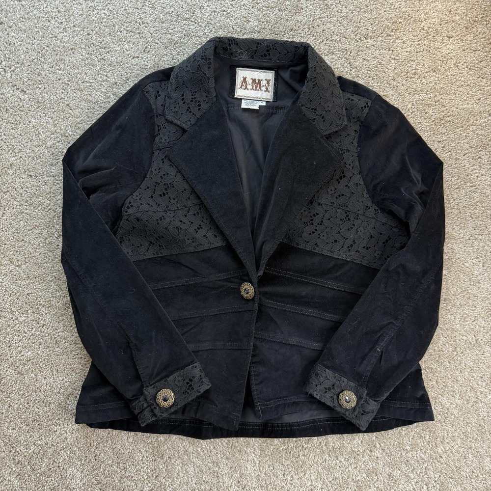 AMI Blazer Jacket Womens XL Black Velour Lace Trim Single Button Collared
